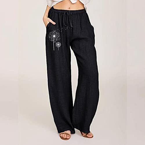 Kadın yazlık pantolonlar, İpli Elastik Bel Geniş Bacak Gevşek Fit Yoga Pantolon Karahindiba Baskılı Baggy Pantolon