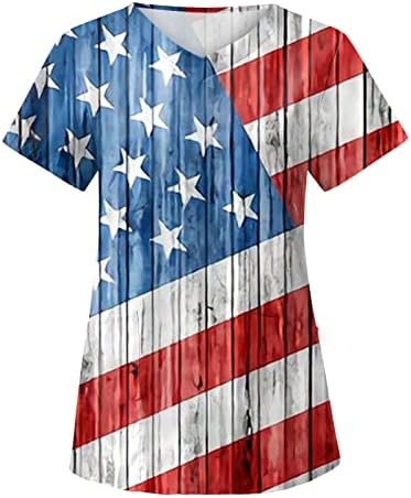 4th Temmuz Tee Gömlek Kadınlar için Abd Bayrağı Yaz Kısa Kollu V Yaka Gömlek 2 Cepler ile Komik Tatil Rahat İş Giysisi