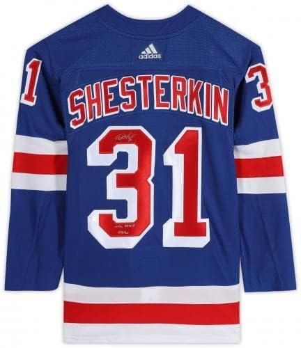 Çerçeveli Igor Shesterkin New York Rangers İmzalı Mavi Adidas Otantik Forması NHL Debut 1/7/20 Yazıtlı - İmzalı NHL