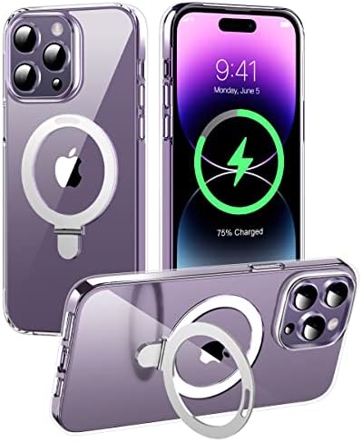 Hosgor MagSafe iPhone 14 Pro Max Kılıf ile Uyumlu Manyetik Kablosuz Şarjlı Şeffaf, Gömülü Kickstand Kapak Sert PC