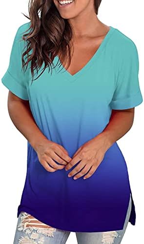Charella Kraliyet Mavi Salonu Tişörtleri Genç Kız Yaz Sonbahar Kısa Kollu V Boyun Degrade Grafik Bluzlar T Shirt Bayan