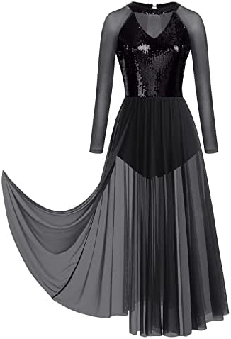 ODASDO Kadın Lirik Dans Kostümleri Pullu Uzun Kollu Örgü Tül Flowy Maxi uzun elbise Modern Çağdaş Giyim