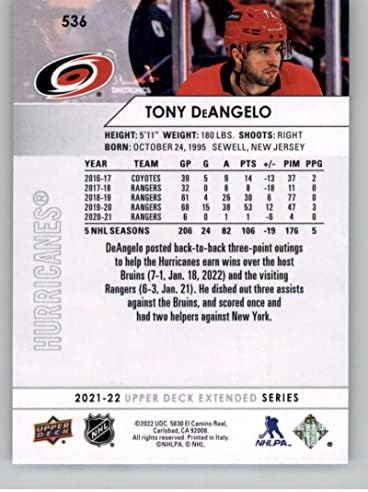 2021-22 Üst Güverte Uzatıldı 536 Tony DeAngelo Carolina Hurricanes NHL Hokey Ticaret Kartı
