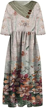 HOKCUS Yaz Elbiseler Kadınlar için 2023, kadın Çiçek Baskılı Patchwork Pilili Elbise Yuvarlak Boyun Kısa Kollu Cep