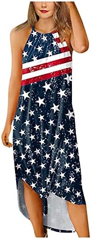 4th Temmuz Maxi Elbiseler Kadınlar için Yaz Casual Boho Elbise Amerikan Bayrağı Scoop Boyun Cami Kolsuz Vatansever