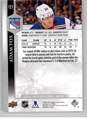 2020-21 Üst Güverte 121 Adam Fox New York Rangers NHL Hokey Ticaret Kartı