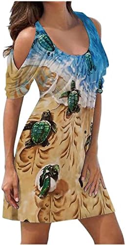 Kadın Yaz Baskılı Soğuk Omuz Boho Çiçek Flowy Kısa Kollu Yuvarlak Boyun Bir Lin Elbise T-Shirt Salıncak Maxi Elbise