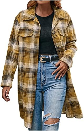 Kadın Ekose Ceket Yaka Uzun Kollu Shacket Ceket T-Shirt Sonbahar Açık Ön Gevşek Giyim Bluz Ceket Ceket Tops