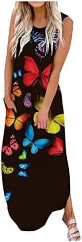 Zpervoba kadın Casual Sundress Gevşek Kolsuz uzun elbise Çiçek Baskılı Bölünmüş Maxi Elbiseler Yaz Tankı Elbise Cepler