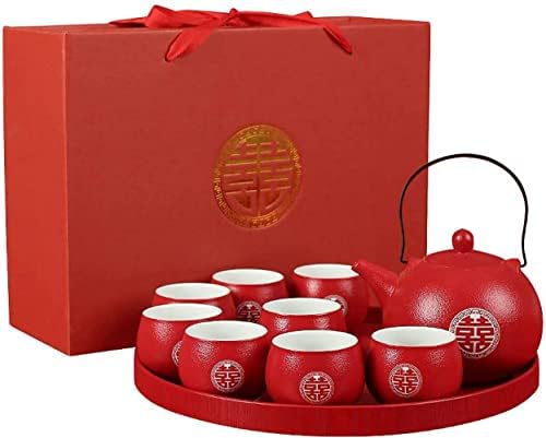 Çin Geleneksel Düğün Dekorasyon Kırmızı Çay Seti, 8 Çay Fincanı ve Çay Panosu ile Çin Kung Fu Çay Seti Demlik, Kırmızı