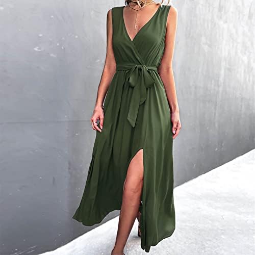 Kadınlar için elbise Yaz Sonbahar Kolsuz Elbise Düzenli Fit Pamuk V Boyun Uzun Temel Salon Elbise 5M 5M