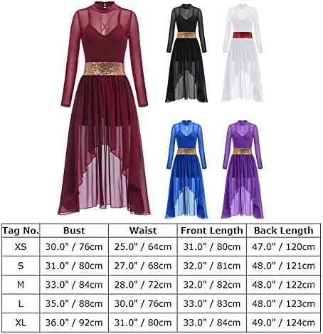 ODASDO Kadın Lirik Dans Kostümleri Pullu Uzun Kollu Örgü Tül Flowy Maxi uzun elbise Modern Çağdaş Giyim