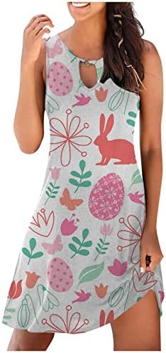 lcepcy Bayan Sevimli Tavşan Yumurta Çiçek Baskı Kısa Mini Elbise Yaz Kolsuz Tank Elbise Anahtar Deliği Rahat Gevşek