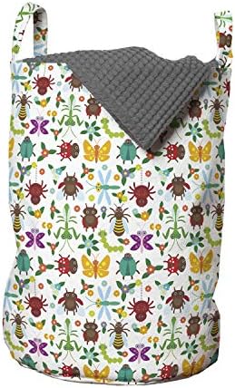 Ambesonne Çizgi Film Çamaşır Torbası, Renkli Çiçeklerle Süslenmiş Komik Böcekler Örümcekler ve Böcek Deseni, Kulplu