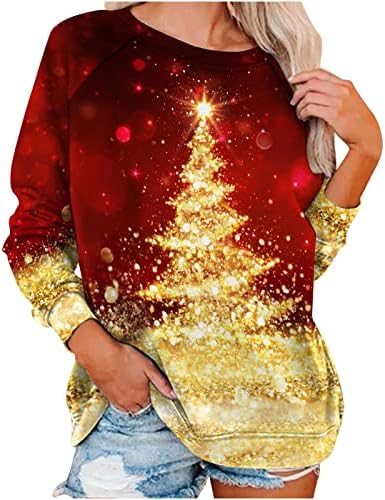 Kadın Noel Kazak Sevimli Noel Ağacı Baskı Uzun Kollu Kazak Tops Sonbahar Kış Vintage Casual Tee Gömlek