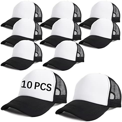 ORJ 10 Paket Unisex Süblimasyon Boş Örgü beyzbol şapkası Polyester Örgü şoför şapkası (Siyah Beyaz şapka x 10 adet)