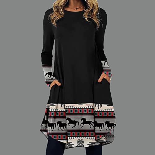 NOKMOPO kadın Moda rahat elbise Retro Baskı Yuvarlak Boyun Uzun Kollu Elbise Gevşek Orta Uzunlukta Diz Cep Elbiseler