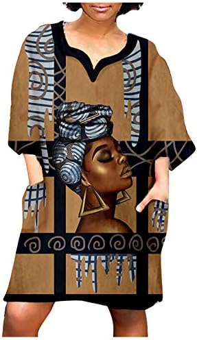 Kadın Vintage Mini Elbise Rahat Gevşek Afrika Çentik Boyun Orta Kollu Cep Kısa Elbise Parti Kulübü Elbise