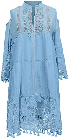 Fragarn 3/4 Kollu Elbiseler Kadınlar için Boho 2022 Sevimli Soğuk Omuz Püskül Katmanlı Önlüklü Elbise Plaj Gevşek