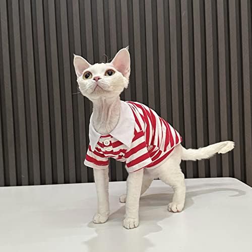 Sphynx Kedi Yaz Giysileri Moda Polo Yaka Pamuklu Tişörtler Çizgili Gömlek Nefes Alabilen Yumuşak Yavru Gömlek Kollu