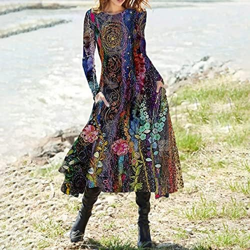 NOKMOPO Maxi Elbise Kadınlar için Moda Rahat Baskılı Yuvarlak Boyun Kazak Uzun Kollu Elbise