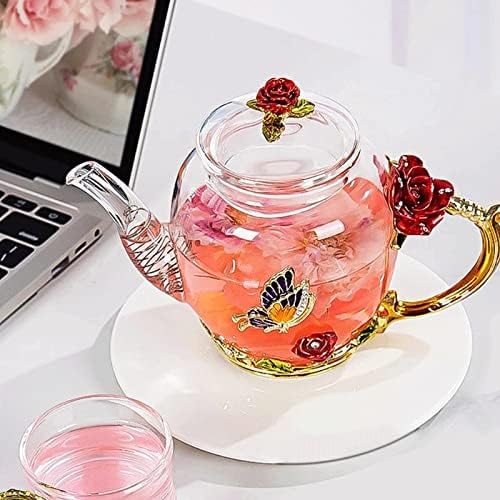 çaydanlık Cam çaydanlık-emaye gül çiçek kelebek cam çay (Renk : A, Boyut: 18,7 cm)
