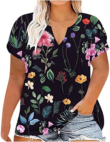 Kadın Artı Boyutu Henley Gömlek 2023 Akıcı Yaz Üstleri Gevşek Kısa Kollu Tee Gömlek Temel V Boyun Büyük Boy Bluzlar