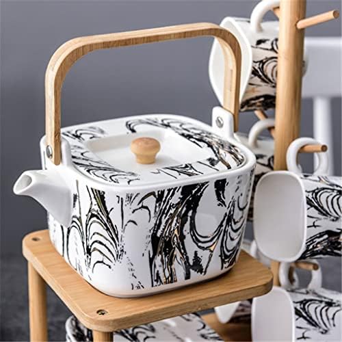 ZLXDP Siyah ve Beyaz Desen Seramik Kahve çay seti Kemik Çini Siyah ve Beyaz demlik Ahşap Çerçeve Ev Çay Hediyeler