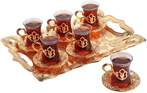 LaModaHome Türk Arapça çay bardakları 6'lı set Altın Tutucular ve Tabaklar Servis Tepsisi ile Fantezi Vintage El Yapımı