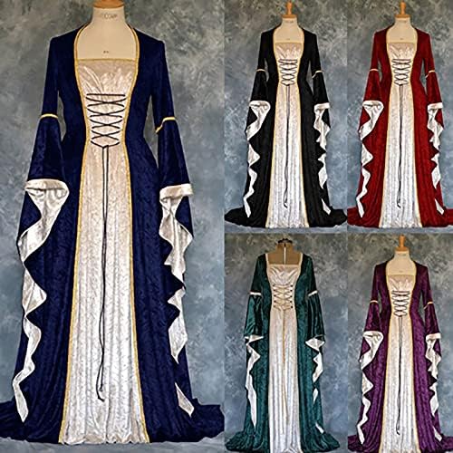 Zefotim rönesans elbise, kadın retro ortaçağ rönesans kostüm kat uzunluk cadılar bayramı cosplay elbise trompet kollu