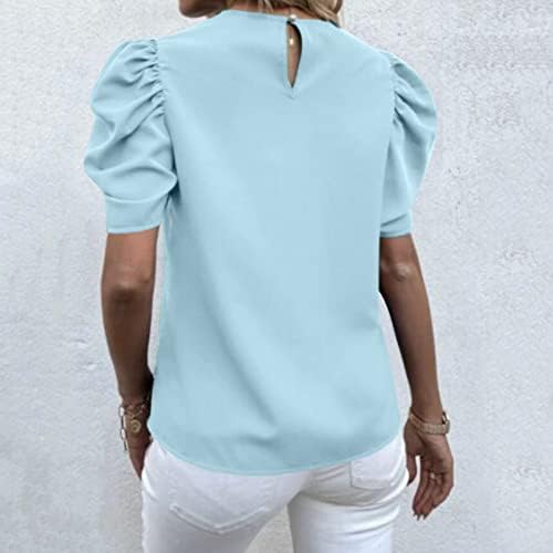 Kadın gömleği Bayan Düz Renk Rahat Yuvarlak Boyun T Gömlek Puf Kollu Üstleri Dantelli Zarif Yaz Tişörtleri Üst